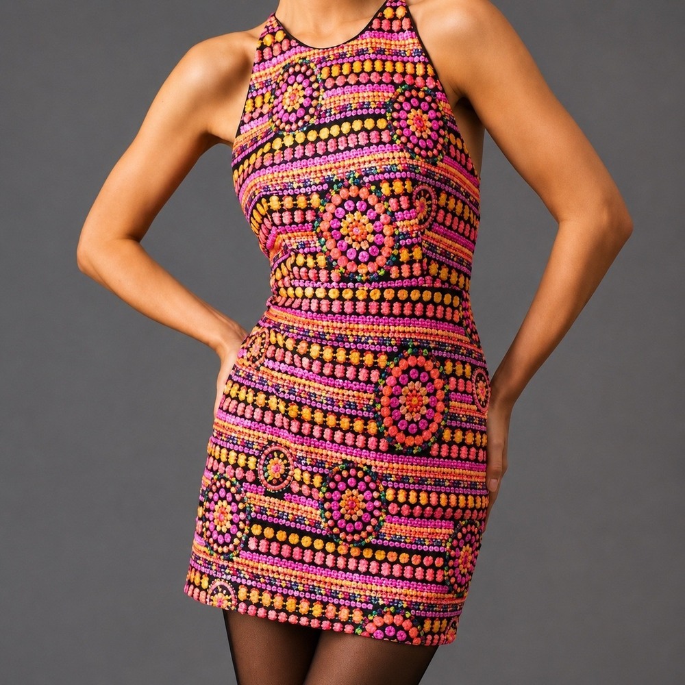 Hutch Cindy Strappy Sequins Mini Dress Pink Orange Multi Backless Size 8 10412
